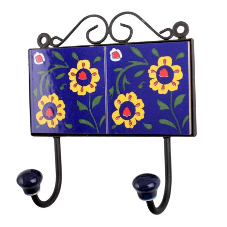Navy Blue Yellow Floral Tiles Hooks